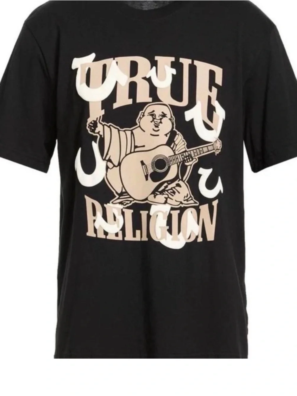 True Religion Black Tee with Beige Graphic Logo - Men